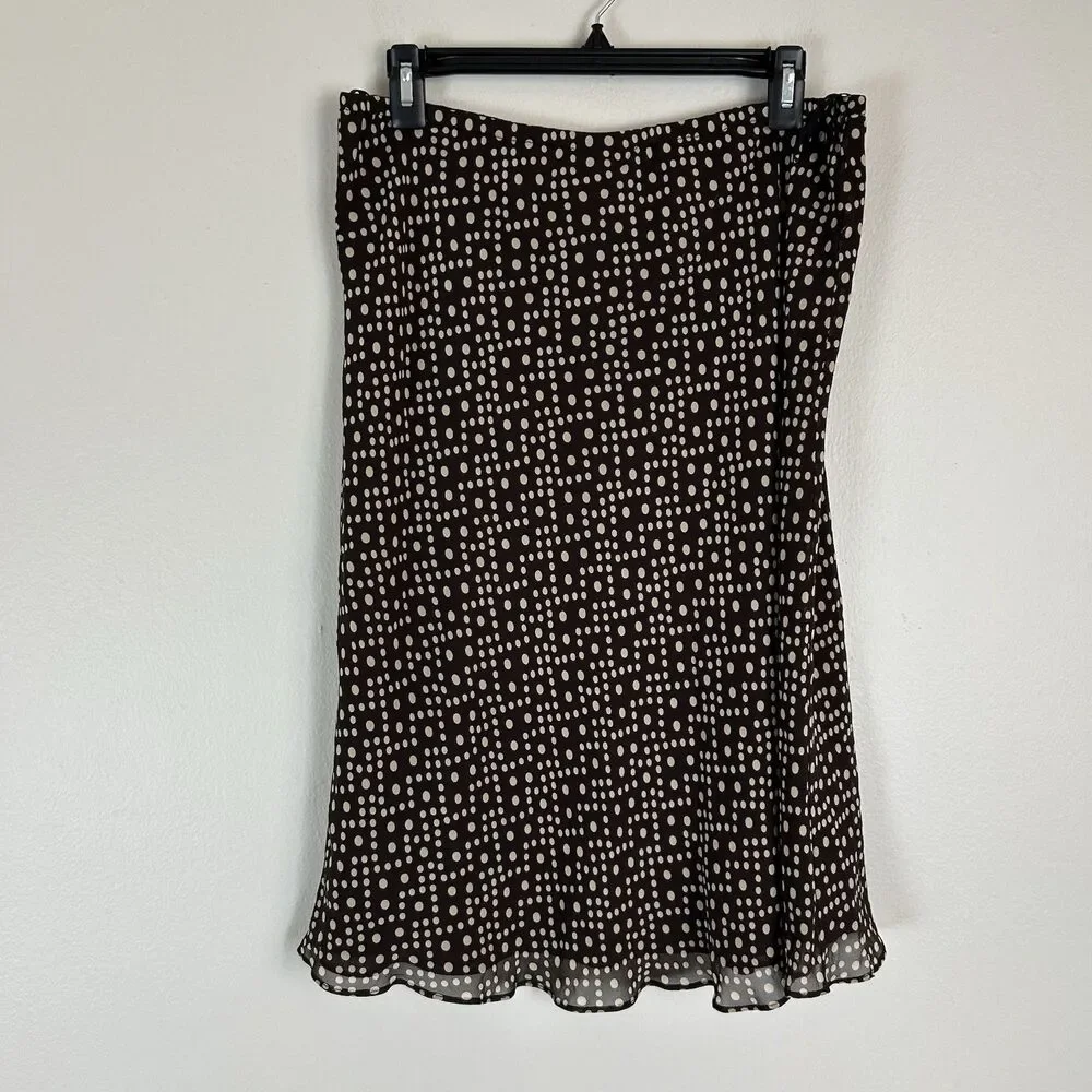 Vintage 100% Silk Size 8 M Chocolate Brown Skirt Midi Polka Dot Retro Slip